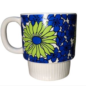 1960s Vintage Mod Mug, Blue and Green Floral Daisy 60s/ 70s, Japan